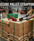 Legit Heavy Duty Poly Banding Strapping Kit With 1000 Ft Pet Strap And Pro Ratchet Tensioner Upgraded Sealing Tool Plus Hundred Steel Seals For Solid Pallet Packaging And Cargo Hauling with green strap on cardboard boxes.