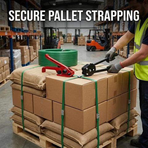 Legit Heavy Duty Poly Banding Strapping Kit With 1000 Ft Pet Strap And Pro Ratchet Tensioner Upgraded Sealing Tool Plus Hundred Steel Seals For Solid Pallet Packaging And Cargo Hauling with green strap on cardboard boxes.