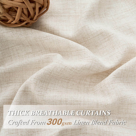 Close-up of cream linen look curtains showcasing thick breathable 300gsm fabric texture.