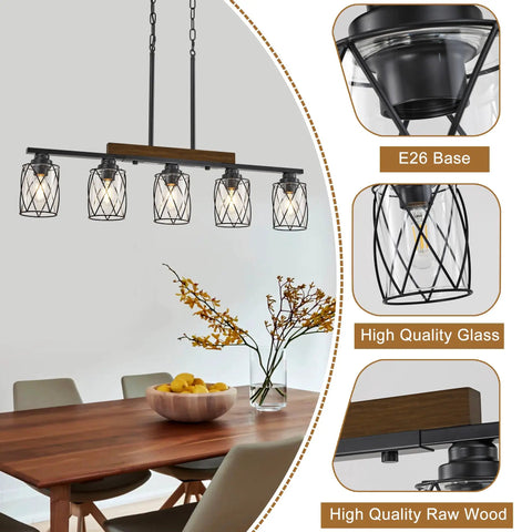 The Real Deal Five Light Farmhouse Chandelier With Slick Vintage Iron Frame And Crisp Clear Shades Giving Off Clean Modern Industrial Lighting Vibe For Dining Room Table Centerpiece overhead view with E26 base and textured glass shades.