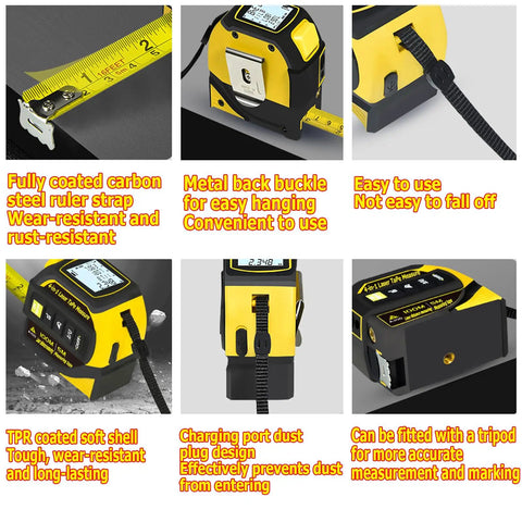 4-In-1 Laser Tape Measure With 5m Tape And 100m Laser Rangefinder, Crosshair Markings, Dual-Axis Level, Backlit LCD, Tripod Mount Ready, Great For Pros And DIY Projects, yellow black housing with tape, strap, and tripod mount