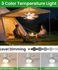 Solar Powered Ceiling Fan With Light For Outdoors, 17.5 Inch Portable Camping Fan in tent, remote control on table