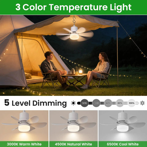 Solar Powered Ceiling Fan With Light For Outdoors, 17.5 Inch Portable Camping Fan in tent, remote control on table