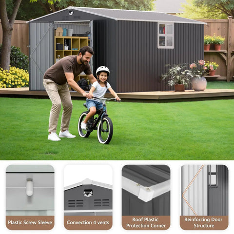 Outdoor Metal Storage Shed Black 10x12 Ft With Lockable Doors And Clear Window Waterproof Tool Storage Building For Backyard And Patio Built Tough Garden Shed For Lawn Gear Floor Not Included, shown in backyard setting with family.