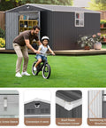 Father helping child ride bike in front of 10x12 Ft Outdoor Metal Storage Shed For Backyard And Patio With Lockable Doors, black finish.