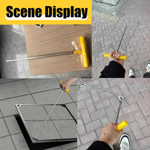 Heavy Duty Manhole Hook Lifter Tool For No Sweat Drain Lid Raising and Tough As Nails Trampoline Spring Retrieval Featuring Premium Stainless Steel Design. Displayed with ergonomic yellow handle and stainless steel body.