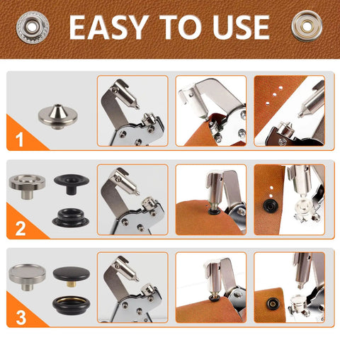 Pro Grade Heavy Duty Snap Fastener Kit With Canvas Installation Tool And 160 Black 15mm Snaps usage instructions display