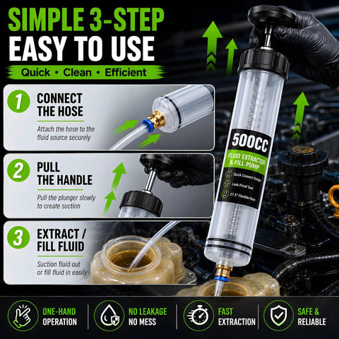 Heavy Duty 500CC Fluid Extractor Pump With Dual Hoses For Quick Oil And Transmission Swap, Grab Gear Oil Coolant Brake Fluid And Power Steering In A Snap Without The Mess, showcasing easy 3-step usage.