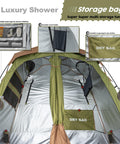 Interior view of Portable Camping Shower Tent Deluxe Privacy Shelter with dual storage bags and detachable towel holder.