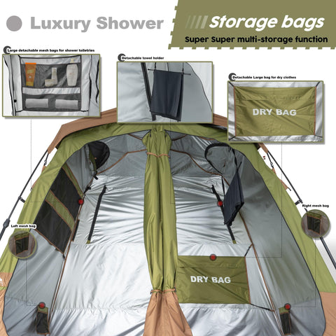 Interior view of Portable Camping Shower Tent Deluxe Privacy Shelter with dual storage bags and detachable towel holder.