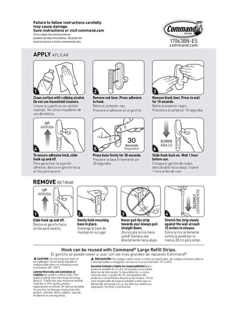Instruction sheet for Large Timeless Wall Hook Holds Up To Five Pounds With Two Strips Brushed Nickel Finish Damage Free