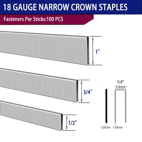 18 Gauge Narrow Crown Staples in 100 piece sticks, measuring 1, 3/4, and 1/2 inches, ideal for Pro Level 18 Gauge Narrow Crown Staples And Brad Nails Assortment Kit 4200 Pieces Rock Solid Rust Resistant Steel For Upholstery Woodworking And Weekend Garage Fix Ups.