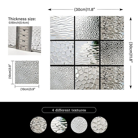 Dimensions and textures of Stainless Steel Peel And Stick Backsplash Tiles 10 Sheets 3D Carven Silver Easy Self Adhesive Wall Decor
