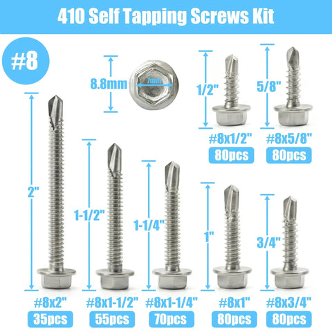 410 Stainless Steel Self Tapping Screws Kit 420 Pieces Sizes 8 And 10 Truss Head Fasteners dimension and quantity chart