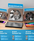 Display of 10-inch industrial exhaust fan with 988 CFM for garage and greenhouse, alongside 6-inch and 8-inch fans.