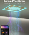 20 Inch Ceiling Mount Led Shower Head With Bluetooth Speaker Handheld Sprayer Brushed Gold Finish with flowing water and smartphone.