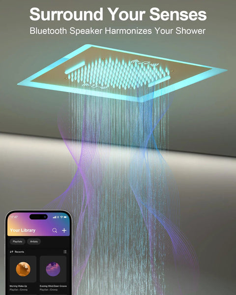 20 Inch Ceiling Mount Led Shower Head With Bluetooth Speaker Handheld Sprayer Brushed Gold Finish with flowing water and smartphone.