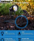 Low Voltage 12W LED Landscape Lights Set 12V Outdoor Waterproof Garden Pathway Lights With Spike Stands Super Bright 900 Lumens Per Light 10 Pack With Connectors Easy Install For Patio Backyard Security And Decor showing two lights on a garden path with spike stands and connector details.