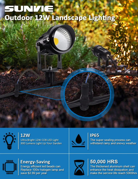 Low Voltage 12W LED Landscape Lights Set 12V Outdoor Waterproof Garden Pathway Lights With Spike Stands Super Bright 900 Lumens Per Light 10 Pack With Connectors Easy Install For Patio Backyard Security And Decor showing two lights on a garden path with spike stands and connector details.