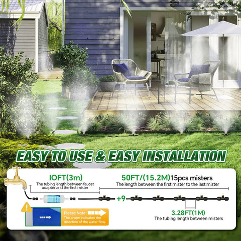 Outdoor Patio Garden Misting System With 50 Ft Line And 17 Nozzles Preassembled Misters Water Filter Brass Adapter diagram
