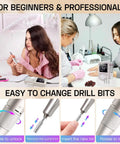 Boss Level Cordless Electric Nail Drill Features Stepless Speed Knob For A Smooth Operator Vibe At 45000 Rpm, shown being used by professionals and beginners.