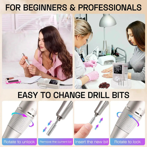 Boss Level Cordless Electric Nail Drill Features Stepless Speed Knob For A Smooth Operator Vibe At 45000 Rpm, shown being used by professionals and beginners.