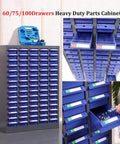 Heavy Duty Steel Parts Cabinet With Kickass Anti Slip Drawers And Adjustable Dividers For Bolt Nut Screw Storage, 60/75/100 drawers, grey with blue trays.