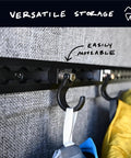 Spring Loaded L-Track Gear Hook Set, Adjustable Base, Heavy-Duty 100 lb Break Strength, 25 lb Working Load, Carbon Steel With Anodized T6 Aluminum Base, Black, Pack of 2, installed view on van wall showing versatile and movable storage with hooks holding gear.