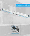 Wave Activated Under Cabinet LED Lighting Kit 20 Inch Dimmable, Touchless Dimming, shown with measurement details and power supply