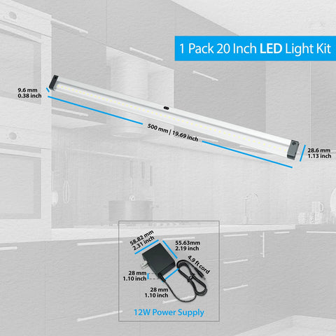Wave Activated Under Cabinet LED Lighting Kit 20 Inch Dimmable, Touchless Dimming, shown with measurement details and power supply