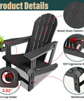 All Weather HDPE Adirondack Chair With Built In Cup Holder Tool Free No Screws Needed No Hassle Easy To Take Apart For Storage Wood Grain Slatted Look Snap Fit Design For Quick Assembly Classic Black Outdoor Patio Chair shown with dimensions and features.