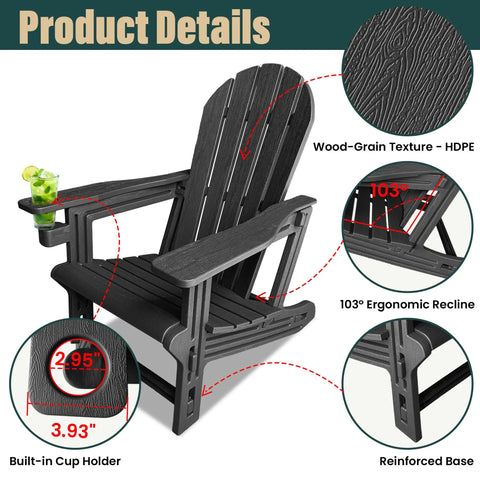 All Weather HDPE Adirondack Chair With Built In Cup Holder Tool Free No Screws Needed No Hassle Easy To Take Apart For Storage Wood Grain Slatted Look Snap Fit Design For Quick Assembly Classic Black Outdoor Patio Chair shown with dimensions and features.