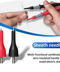 Hands using 16 Piece Multimeter Test Lead Kit With Gold Plated Probes, Stackable Banana Plug Leads, Back Probe Pins And Alligator Clips For Accurate CAT III 1000V CAT IV 600V Electrical Testing