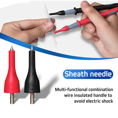 Hands using 16 Piece Multimeter Test Lead Kit With Gold Plated Probes, Stackable Banana Plug Leads, Back Probe Pins And Alligator Clips For Accurate CAT III 1000V CAT IV 600V Electrical Testing