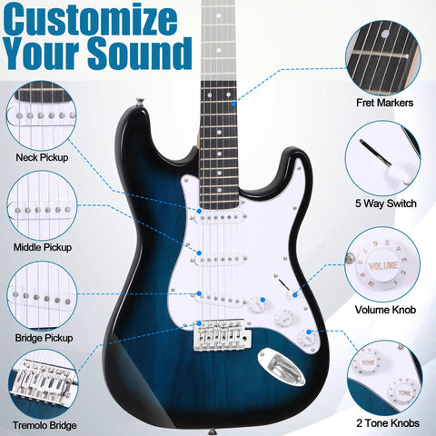 39 Inch Full Size Electric Guitar Starter Pack With Amp Nylon Carrying Case and Accessory Kit Blue for Beginners Ready To Jam Out