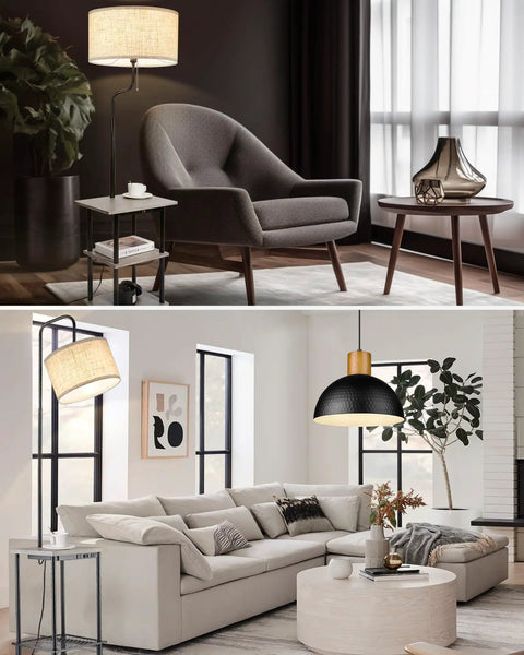 Rustic Cozy Solid Wood End Table Floor Lamp With Built In USB Type C Port And Electrical Outlet in modern living area
