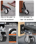 Heavy Duty Retractable Casters With Foot Tap Release, Smooth Polyurethane Wheels For Moving Workbenches And Gear, Solid Steel Base Handles Massive Loads Without Breaking A Sweat, Complete Four Piece Set, showing lifting and lowering mechanisms.