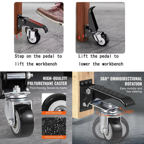 Heavy Duty Retractable Casters With Foot Tap Release, Smooth Polyurethane Wheels For Moving Workbenches And Gear, Solid Steel Base Handles Massive Loads Without Breaking A Sweat, Complete Four Piece Set, showing lifting and lowering mechanisms.