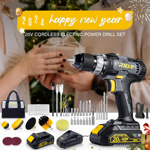 20V Cordless Drill Kit All In One With 2x 2.0Ah Batteries And Charger Half Inch Metal Keyless Chuck 25 Plus 1 Torque Settings Variable Speed Includes 37 Piece Drill Bit Set And Cleaning Brush With Carrying Bag displayed in festive setting