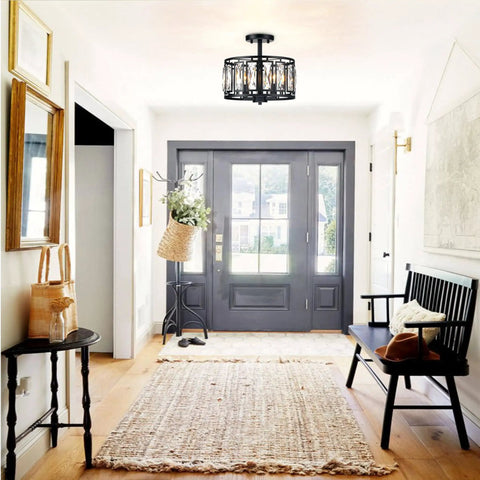 Modern Crystal Semi Flush Mount Black Ceiling Light With Three Lights For Dining Room Bedroom Kitchen Island Hallway Entryway Close To Ceiling That Delivers Sparkling Transparent Crystals And A Bold Glam Glow
