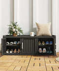 Go-To Weatherproof Resin Shoe Storage Cabinet With Adjustable Shelves And Bench, UV Resistant 3 Barn Doors Entryway Organizer in black