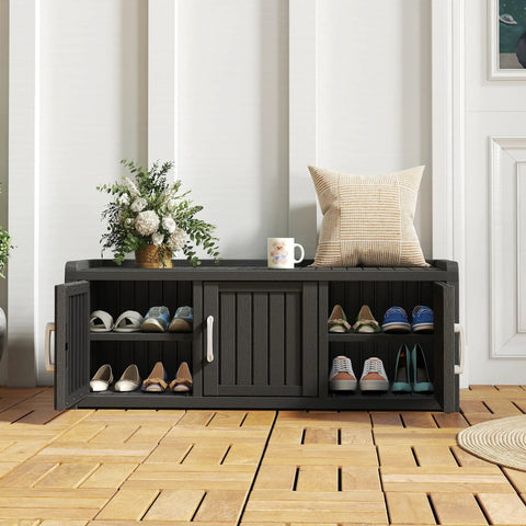 Go-To Weatherproof Resin Shoe Storage Cabinet With Adjustable Shelves And Bench, UV Resistant 3 Barn Doors Entryway Organizer in black