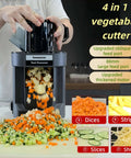Front view of Amazon 4-in-1 electric vegetable slicer and chopper in gray and black with dual feed chutes on a kitchen counter.