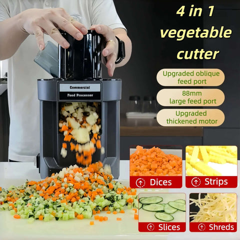 Front view of Amazon 4-in-1 electric vegetable slicer and chopper in gray and black with dual feed chutes on a kitchen counter.