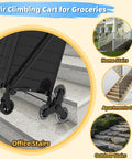 Beast Folding Stair Climber Cart With Waterproof Bag shown on stairs showcasing 360-degree swivel wheels and black frame.