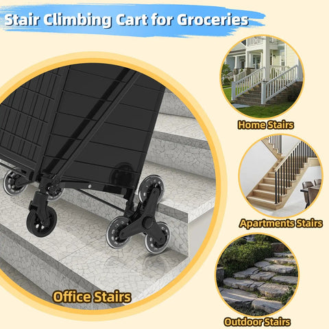Beast Folding Stair Climber Cart With Waterproof Bag shown on stairs showcasing 360-degree swivel wheels and black frame.