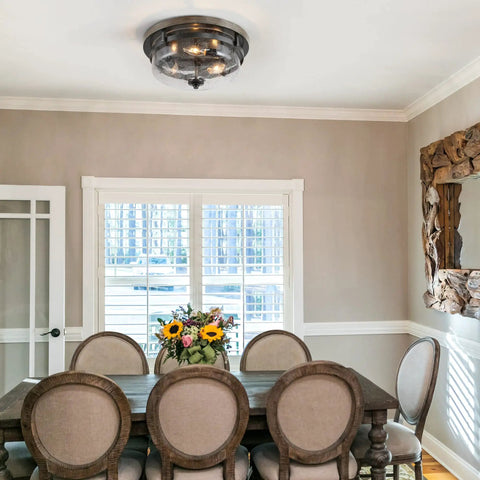 Farmhouse Flush Mount Ceiling Light With Faux Wood Finish And Seeded Glass Shade Vintage Candle Style Fixture in a dining room