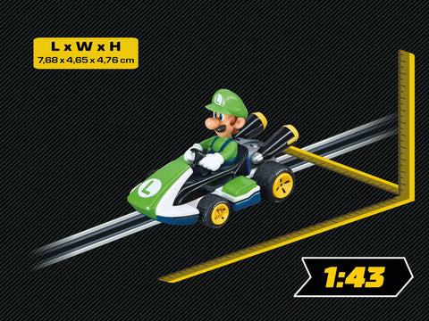 Luigi 1to43 Scale Mario Kart Analog Slot Car For GO Electric And Battery Racing Tracks, detailed side view on black background