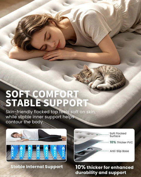 Woman and cat sleeping on Queen Air Mattress With Built In Pump And 18 Inch Raised Design Inflatable Blow Up Bed For Home Or Camping.