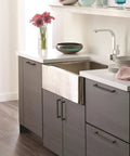Modern kitchen with Matte Black Revolve Cabinet Pull 5-1/16 Inch Center To Center For Modern Cabinets And Drawers on gray cabinets